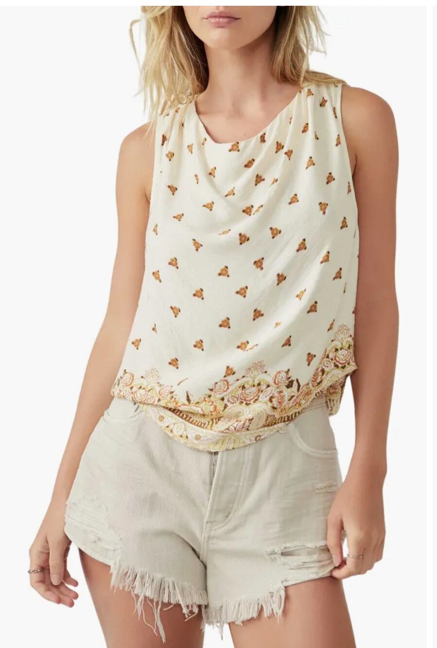 Free People Silas Print Cowl Neck Top Sz L Ivory Combo Open Back Floral Paisley